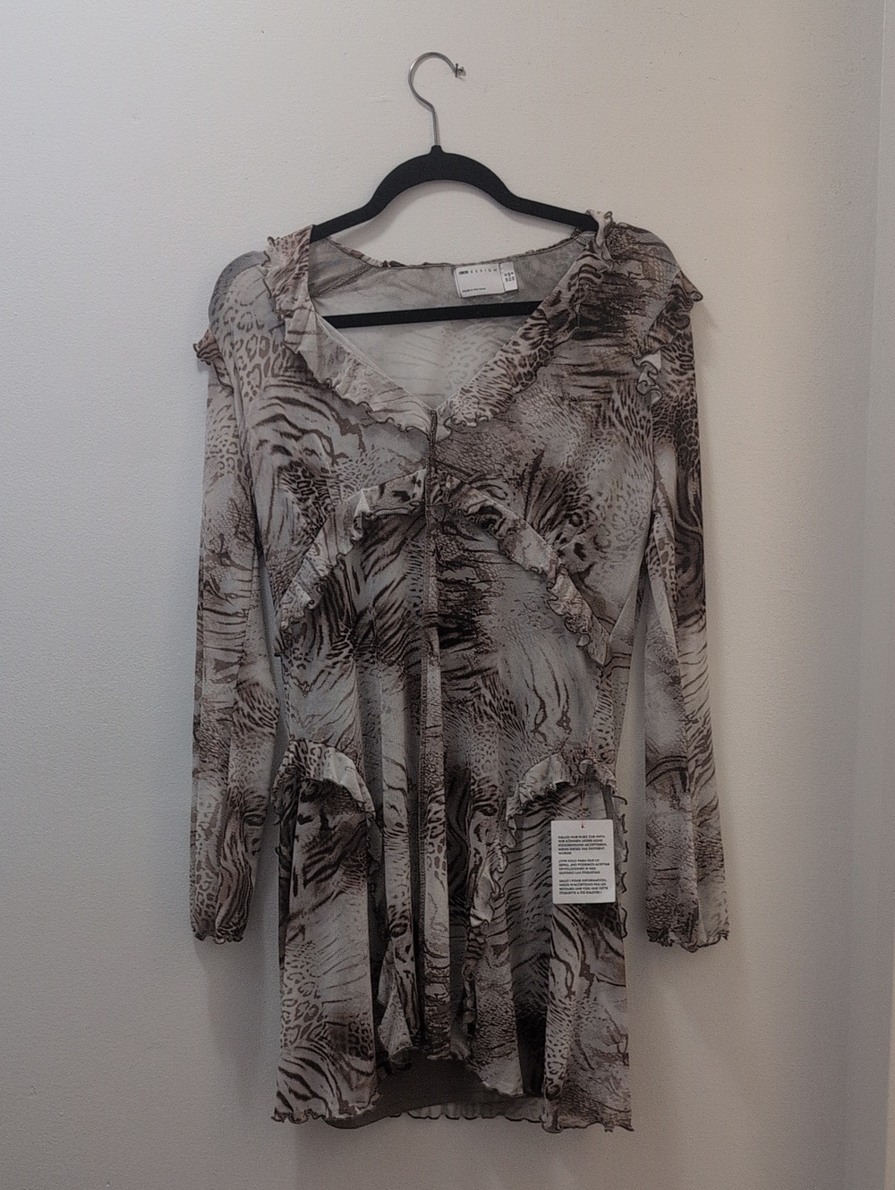Lightweight Animal Print Ruffle Mini Dress - Beige Taupe